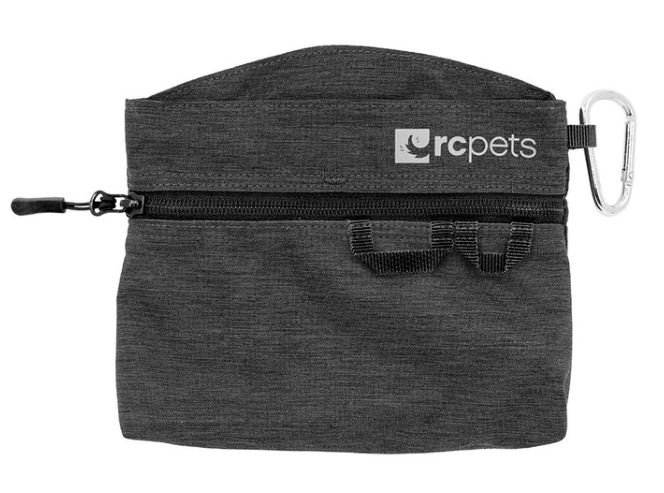 RC Pets black canvas treat pouch with a zipper and a silver carabiner clip