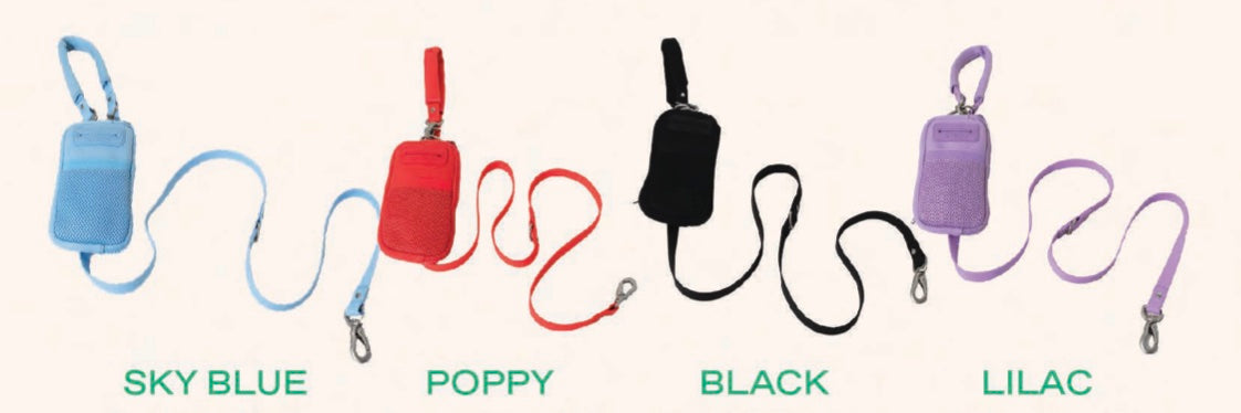 Springer Walk Bag with Leash in sky blue, poppy, black, and lilac colorways