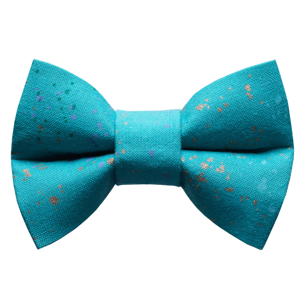 Teal bow tie with gold and purple paint splatter pattern