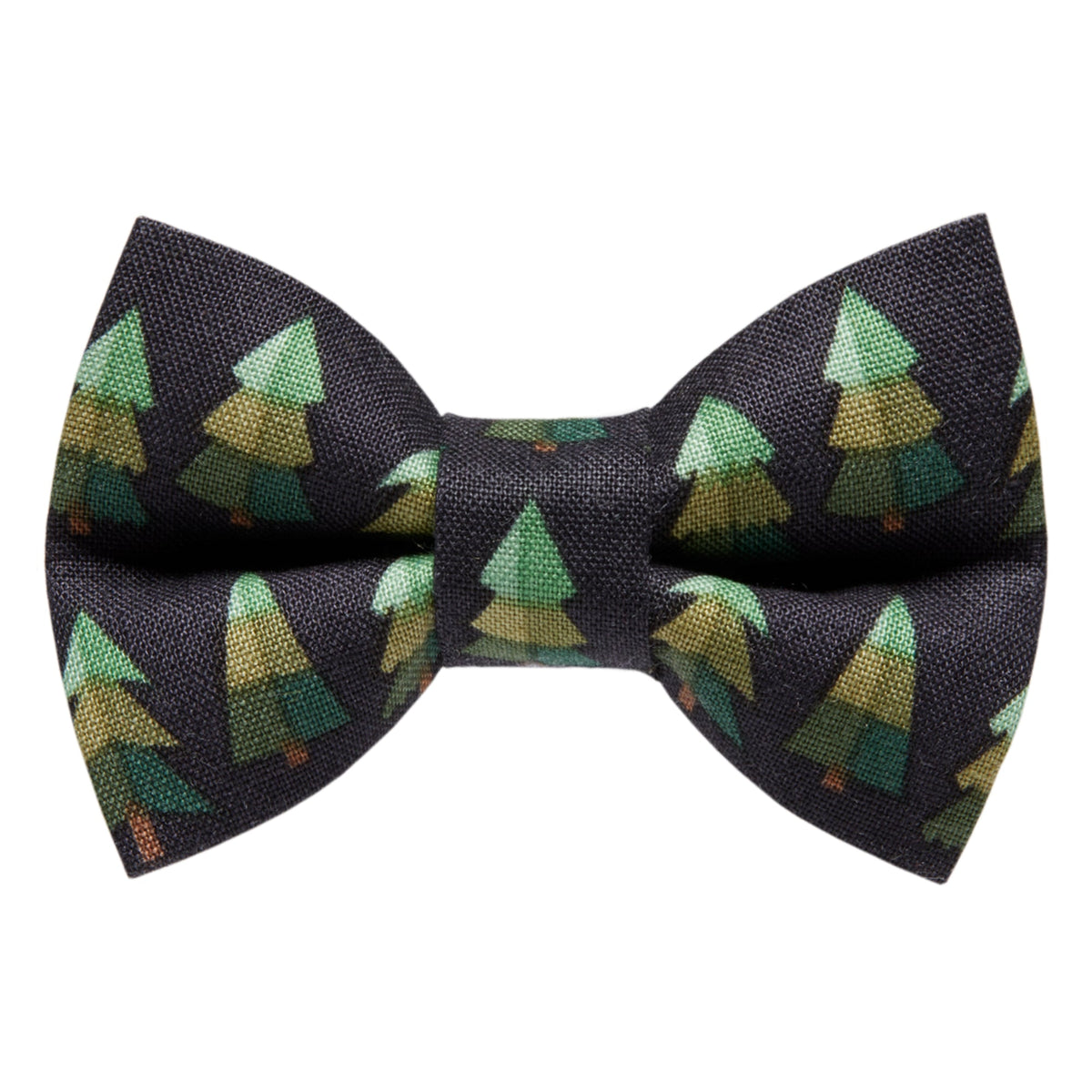 Sweet Pickles Designs The Thru The Woods bow tie with a black background and green pine tree pattern