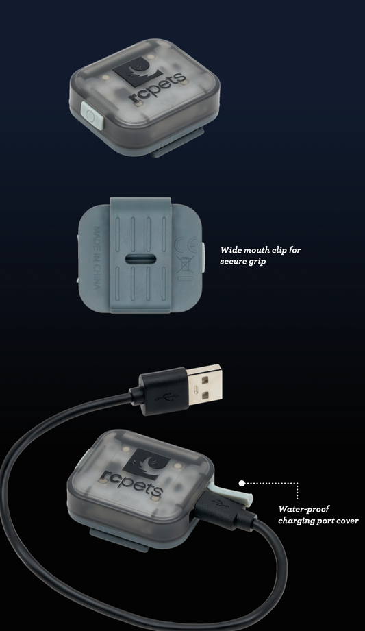 RC Pets Clip Light with wide mouth clip and waterproof charging port cover