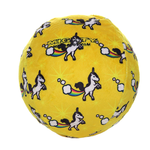 Mighty yellow plush ball with unicorn and rainbow pattern