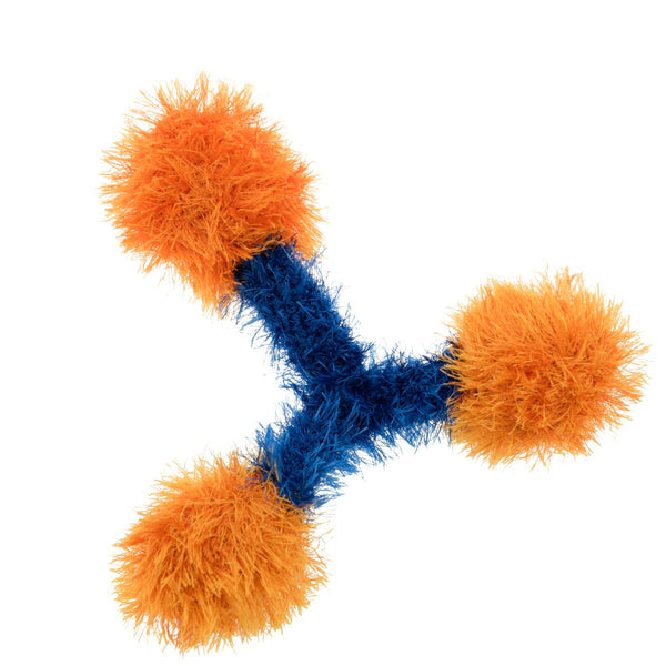 Mendota Pet Oomaloo Pet Toy Trio with three orange fuzzy balls connected by a blue fuzzy Y shaped frame