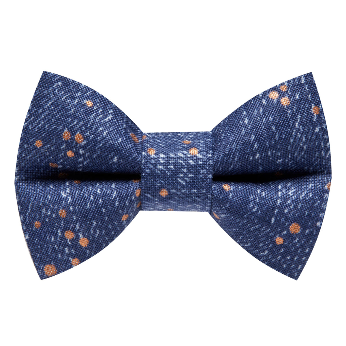 Sweet Pickles Designs The Why Not bow tie in blue fabric with white speckles and copper dots