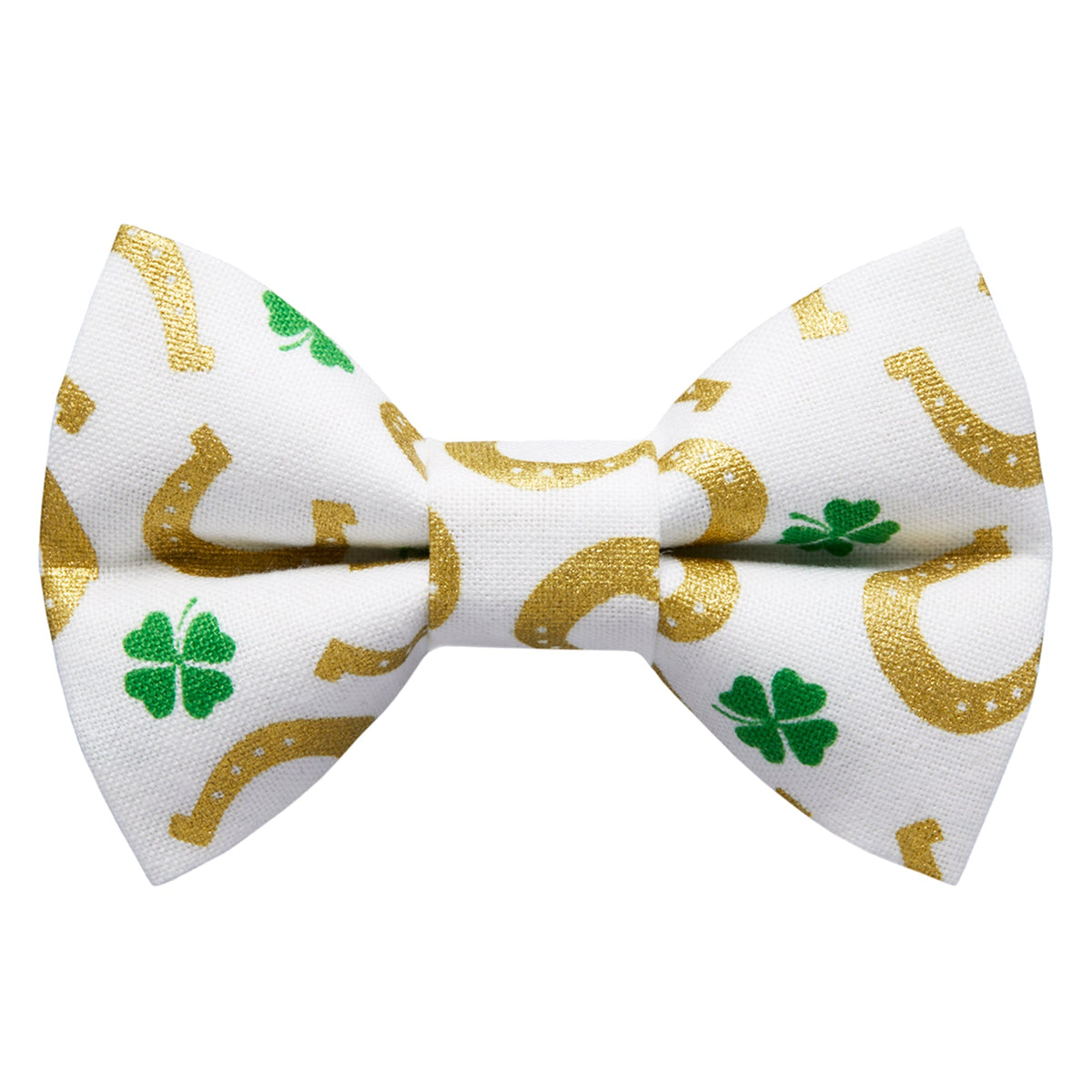 Sweet Pickles Designs The Winning Streak bow tie with gold horseshoes and green shamrocks on white fabric
