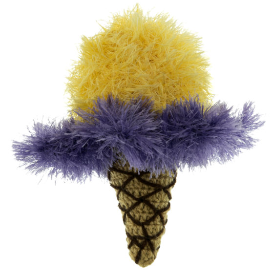 Mendota Pet Oomaloo ice cream pet toy with yellow and purple fuzzy scoops on a brown crocheted cone