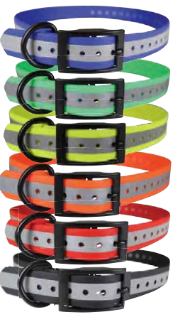 Six reflective dog collars in blue, green, yellow, orange, red, and black