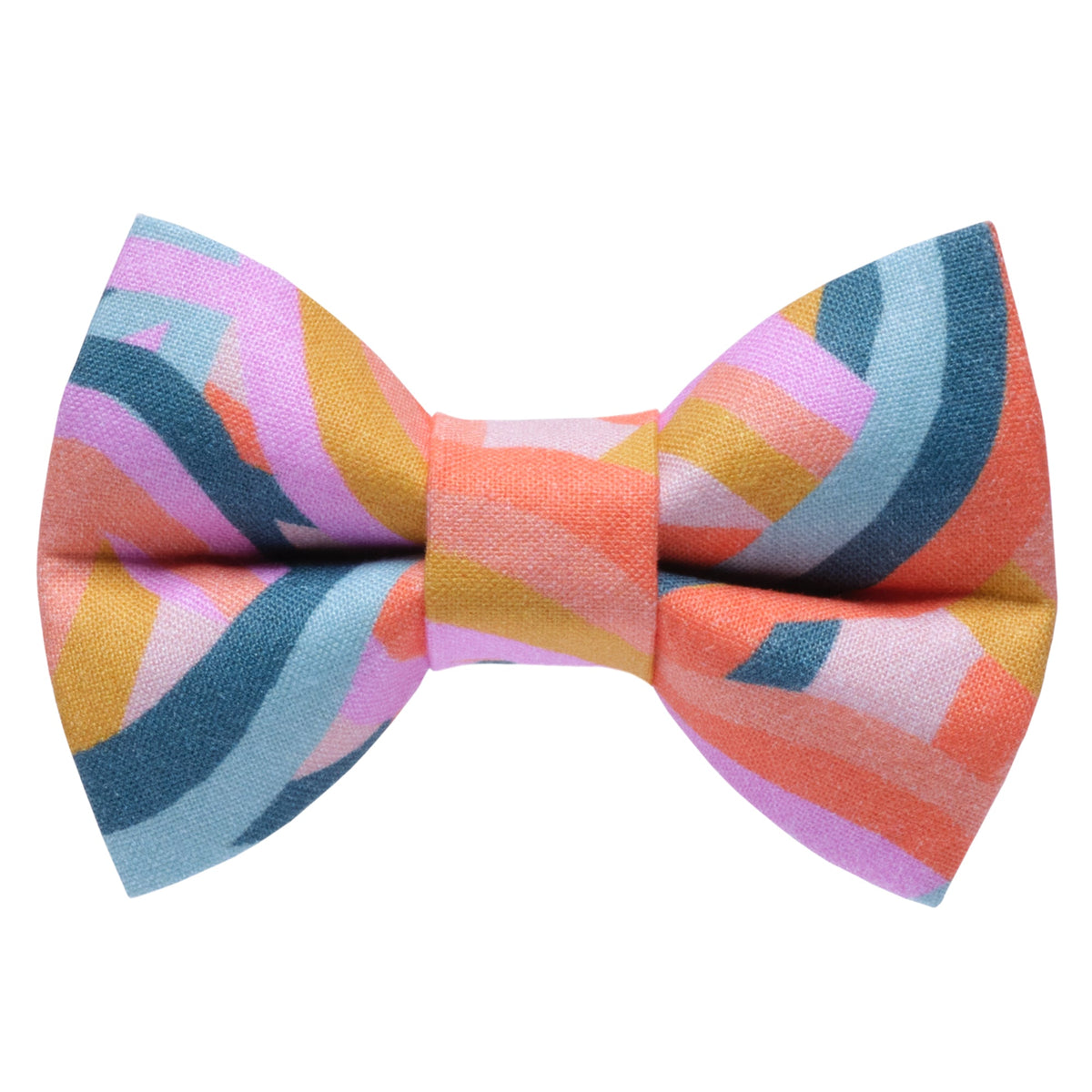 Bow tie with a multi colored diagonal stripe pattern in pink orange yellow and blue