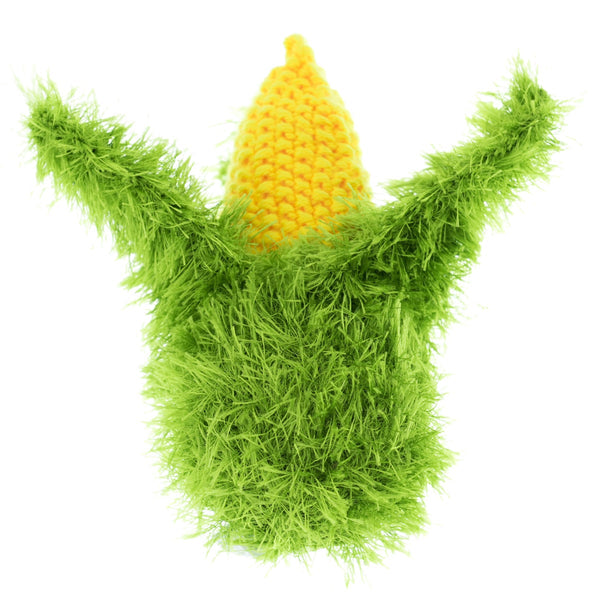 Mendota Pet Oomaloo corn pet toy with yellow crocheted kernels and green shaggy husk