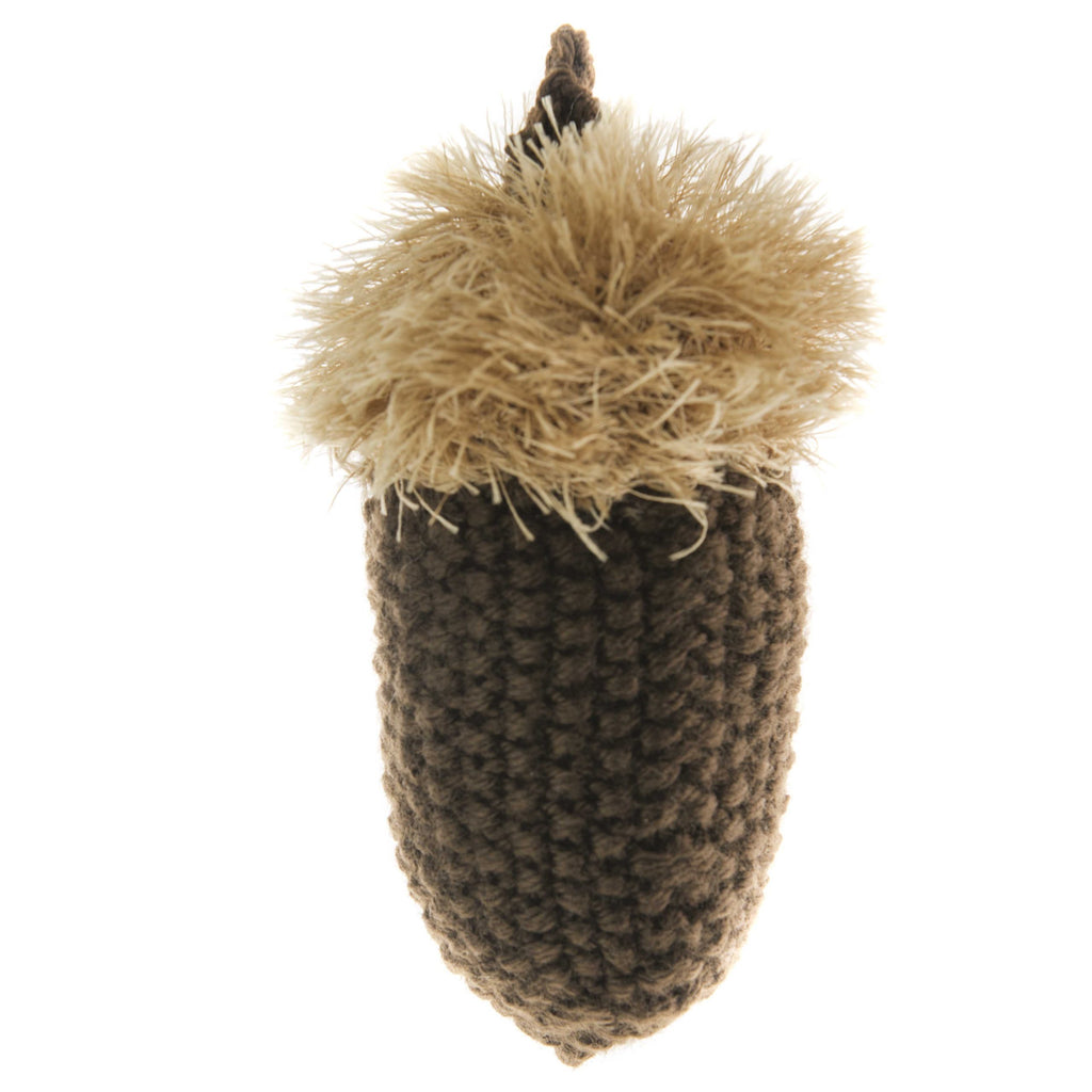 Mendota Pet Oomaloo acorn shaped crochet pet toy with a fuzzy tan cap and brown body