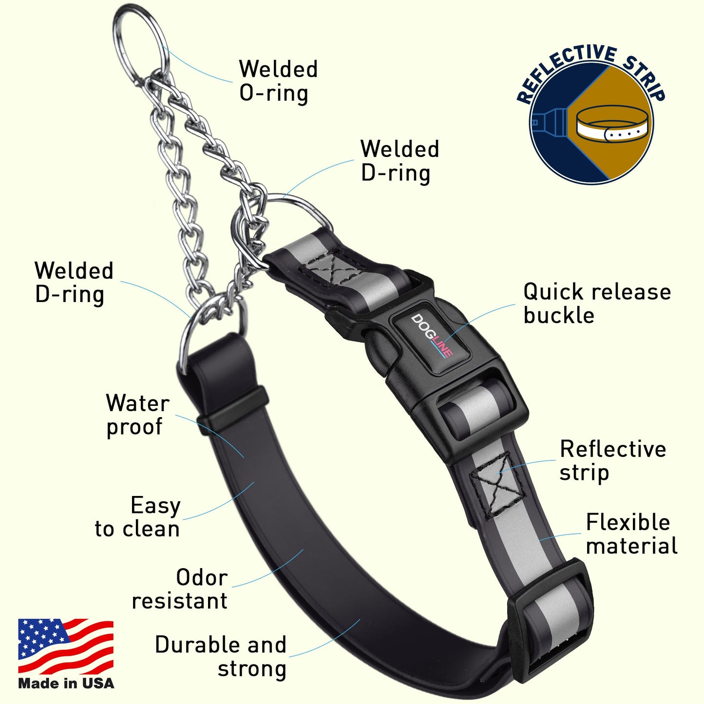 Reflective Biothane Martingale Dog Collar with Quick Release Buckle