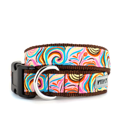 The Worthy Dog Swirly Collar with a colorful swirly pattern, brown webbing, and a silver D-ring