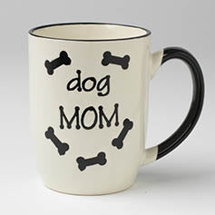 Dog Mom mug with black handle and bone graphics