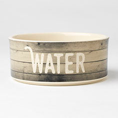Water bowl with a wood grain pattern and the word WATER in white letters