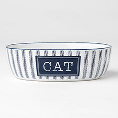 PetRageous Designs Stoneware Country Blue cat bowl with white and navy stripes