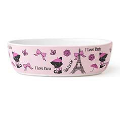 Pink ceramic pet bowl with black cats, bows, and Eiffel Tower graphics