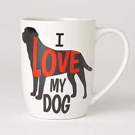 White mug with black dog silhouette and red text I LOVE MY DOG