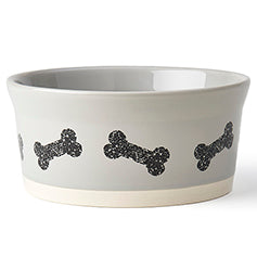 Grey ceramic dog bowl with a bone pattern