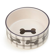 Ceramic dog bowl with a grey plaid pattern and bone cutouts