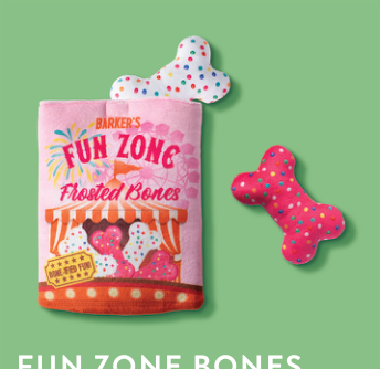 Barker's Fun Zone Frosted Bones plush toy with two small bone-shaped toys