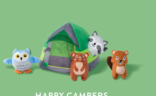 Fringe Studio Happy Campers Hide & Seek Plush Dog Toy with tent, owl, bear, raccoon, and beaver