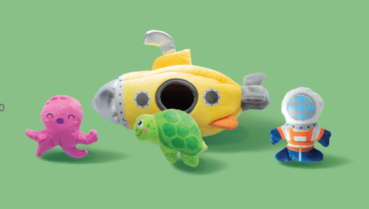 Yellow submarine plush toy with a pink octopus, green turtle, and diver plush toys