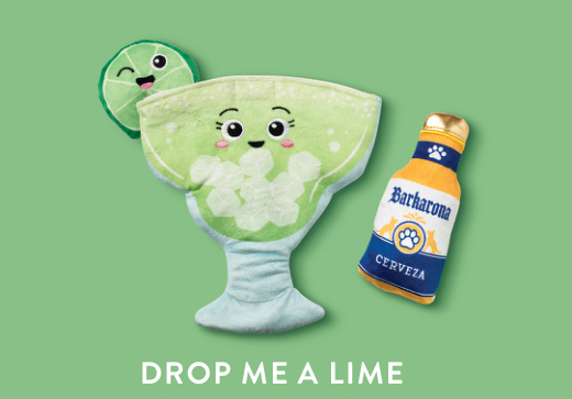 Margarita glass plush toy with lime wedge and Barkarona Cerveza bottle plush toy