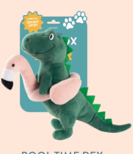 Pool Time Rex dog toy, a green dinosaur with a pink flamingo float around its body