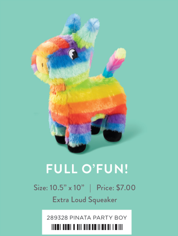 Pinata Party Boy plush toy, a rainbow striped donkey with an extra loud squeaker