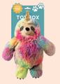 A colorful sloth toy with a unicorn horn, on a Toy Box brand backing card
