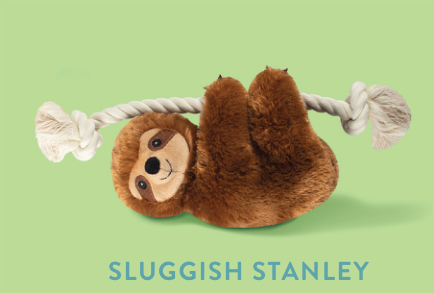 Sluggish Stanley plush toy hanging from a rope