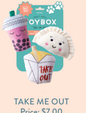 Three small dog toys shaped like a boba tea, a dumpling, and a take-out box