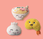 Fringe Studio SOY INTO YOU 3PCS SMALL DOG TOY SET, three plush toys shaped like ramen, a dumpling, and shrimp