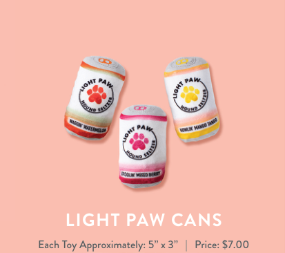 Three Light Paw Hound Seltzer dog toys in watermelon, mixed berry, and mango tango flavors