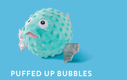 Puffed Up Bubbles plush toy, a teal pufferfish with silver fins and large eyes