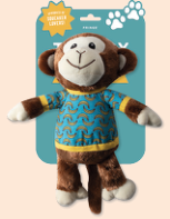 Front of a brown monkey plush dog toy wearing a blue shirt with yellow bananas
