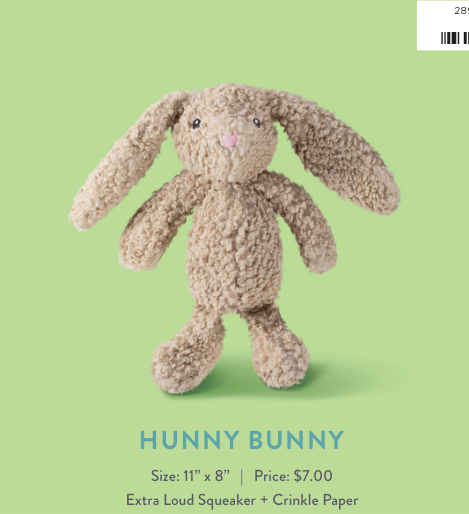 Hunny Bunny plush toy, 11 inches by 8 inches, with extra loud squeaker and crinkle paper
