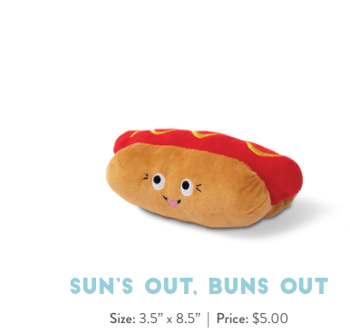 Sun's Out, Buns Out hot dog plush toy with a smiling face