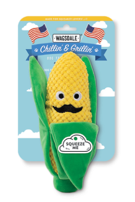 Wagsdale Chillin & Grillin dog toy shaped like an ear of corn with a mustache