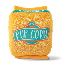 Yellow plush dog toy shaped like a bag of popcorn with the words Pup Corn on the front