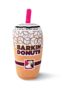 Barkin Donuts plush dog toy shaped like a coffee cup with a pink straw