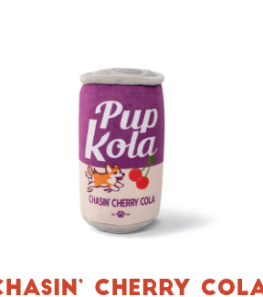 Fringe Studio Pup Kola Plush Dog Toy, a purple soda can with a corgi and cherries