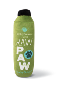 Green plush dog toy shaped like a juice bottle with RAW PAW and a paw print on it