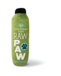 Green plush dog toy shaped like a juice bottle with RAW PAW and a paw print on it