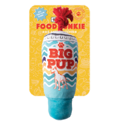 Big Pup Food Junkie dog toy on yellow backing card
