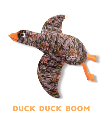 Camo print duck toy with orange beak and feet