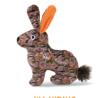 Camo rabbit dog toy with orange ears and a fluffy tail