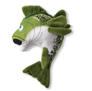 Green and white plush fish toy with black spots and blue eyes
