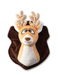 Plush deer head toy with antlers mounted on a brown shield-shaped backing