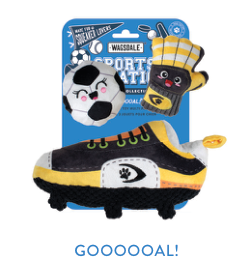 Wagsdale Sports Nation Collection soccer ball, goalie glove, and cleat dog toys